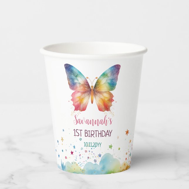Vasos De Papel Flutter On Over Rainbow Butterfly 1st Birthday (Anverso)