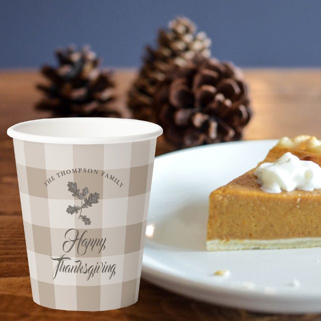 Vasos De Papel Foliage de Acción de Gracias deja rebanada a Brown (Thanksgiving Fall Foliage Leaves Brown Plaid Paper Cups)