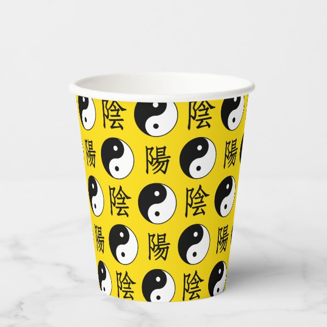 Vasos De Papel Fondo amarillo Patrón Yinyang chino (Anverso)