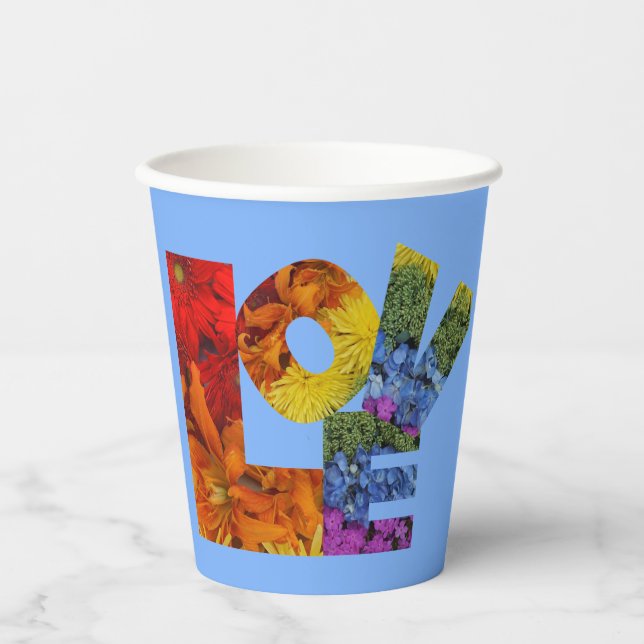 Vasos De Papel Fondo azul de la colección de flores de amor (Anverso)