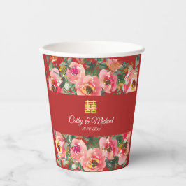 Vasos De Papel Fondo de flores rosadas símbolo de doble felicidad