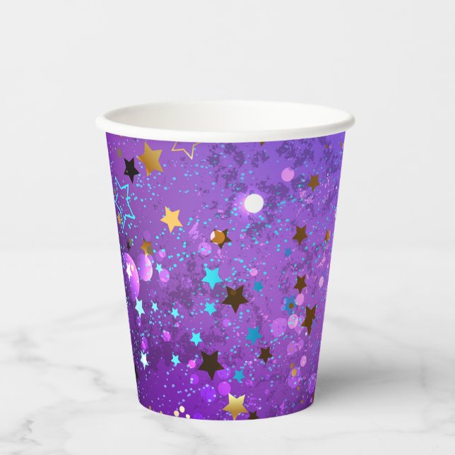 Vasos De Papel Fondo de Relieve metalizado púrpura con estrellas (Anverso)