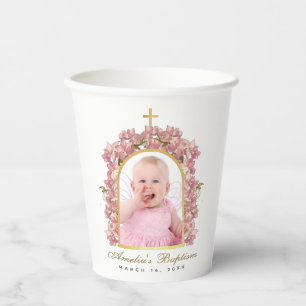 Vasos De Papel Foto de Bautizo de Niña Arco Dorado Floral Orquíde