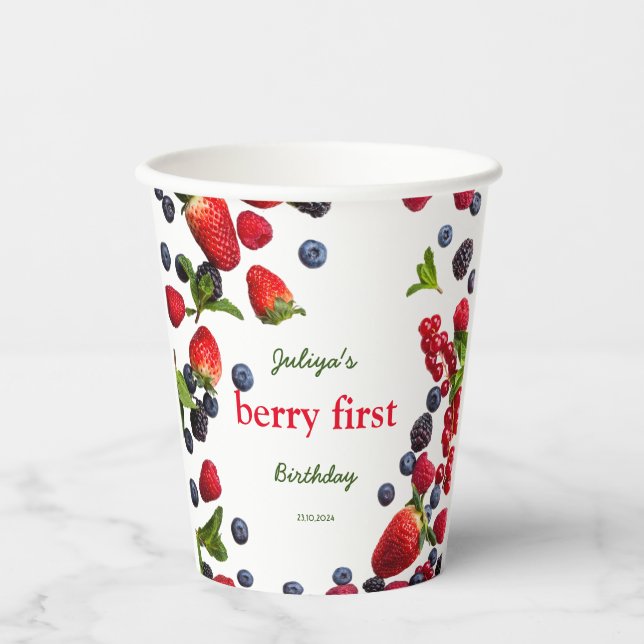 Vasos De Papel Foto de Berry First cumpleaños (Anverso)