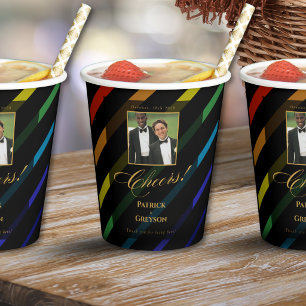 Vasos De Papel Foto de Boda de Hombres Gays Elegante Arcoíris