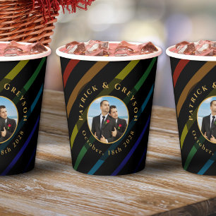 Vasos De Papel Foto de Boda de Hombres Gays Elegante Arcoíris