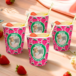 Vasos De Papel Foto de Celebración del Primer Cumpleaños de Fresa