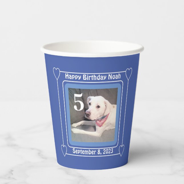Vasos De Papel Foto de cumpleaños número 5 azul de cachorro de pe (Reverso )