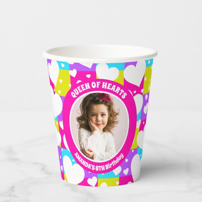 Vasos De Papel Foto De La Fiesta De Cumpleaños De La Reina Neón D (Anverso)