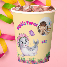 Vasos De Papel Foto de León de Mar Floral Cute y Whimsical