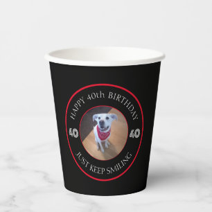 Vasos De Papel Foto de perro sonriendo cumpleaños 40 negro y rojo