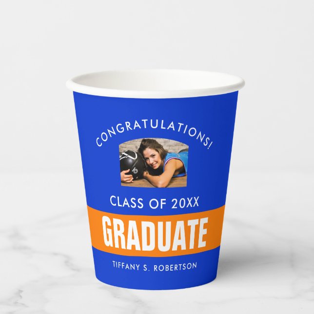Vasos De Papel Foto de Personalizado de graduación naranja y azul (Anverso)