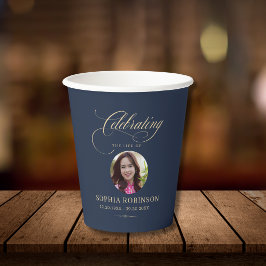 Vasos De Papel Foto Elegante Azul Dorado Escritura Funeral Memori