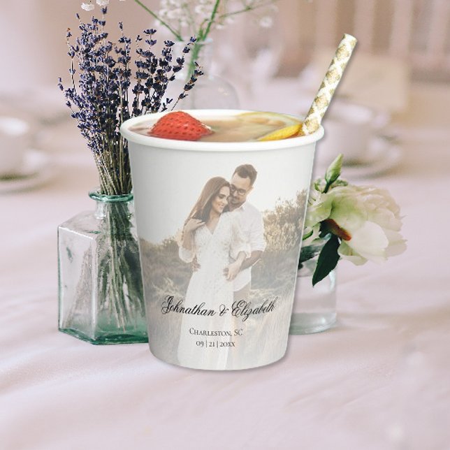 Vasos De Papel Foto moderna con Boda superpuesto (Modern Photo and Overlay Wedding Paper Cup)