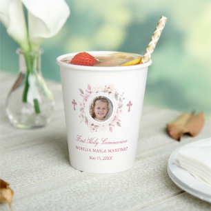 Vasos De Papel Foto personalizada Primera Comunión Floral Rosa
