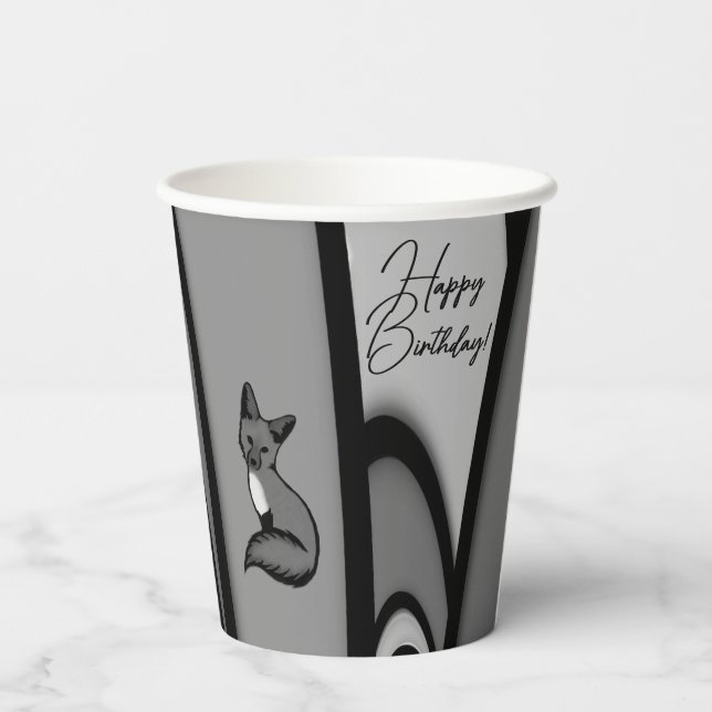 Vasos De Papel Fox Modern Art Design en Silver Feliz cumpleaños (Reverso )