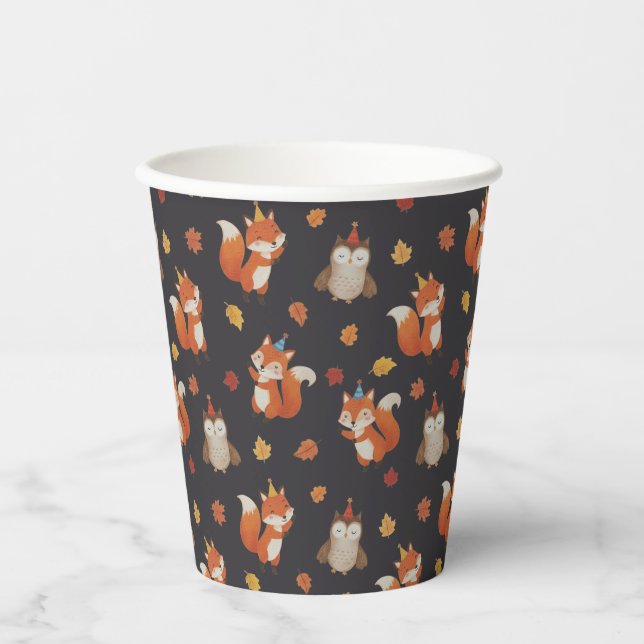 Vasos De Papel Foxes and Owl Woodland Fall Kids Birthday  (Anverso)