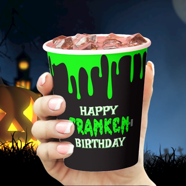 Vasos De Papel Frankenstein Feliz cumpleaños Halloween Green Slim (Frankenstein Happy Birthday Halloween Green Slime Paper Cups)