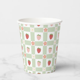 Vasos De Papel Fresa Gingham Pastel Verde Desechable