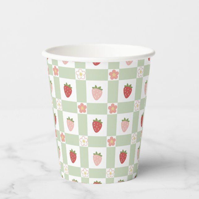 Vasos De Papel Fresa Gingham Pastel Verde Desechable (Anverso)