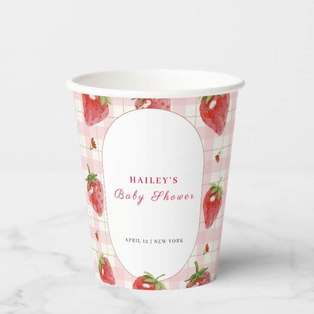 Vasos De Papel Fresa rosa Berry Sweet Gingham Baby Shower (Anverso)