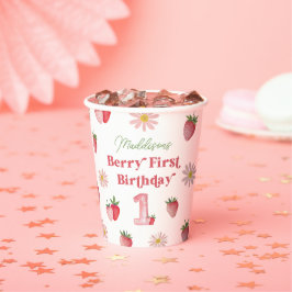 Vasos De Papel Fresa y Daisy Berry primer cumpleaños verano