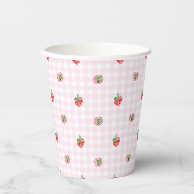 Vasos De Papel Fresas acuáticas en gingham rosa (Anverso)