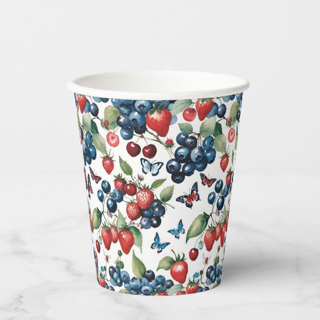Vasos De Papel Fresas con arándanos y mariposas (Anverso)