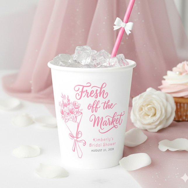 Vasos De Papel Fresco Fuera del Mercado Flores Rosadas Despedida  (Fresh off the market pink floral bridal shower cups)