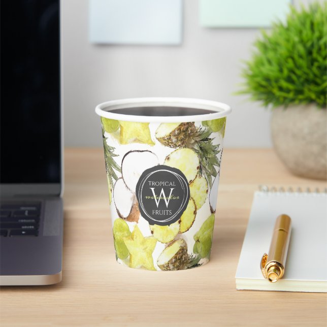 Vasos De Papel Fresh Watercolor Tropical Fruits Monogram Pattern  (in situ)