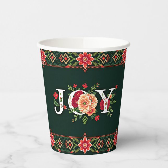 Vasos De Papel frontera floral de Navidad ALEGRÍA (Izquierda)
