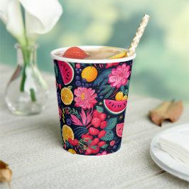 Vasos De Papel Frutas y flores tropicales