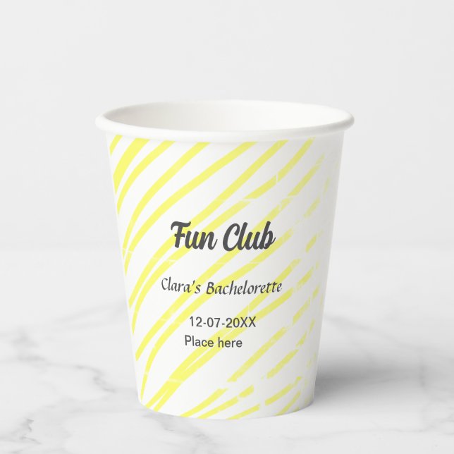Vasos De Papel Fun Club bachelorette party yellow lines backgroun (Anverso)