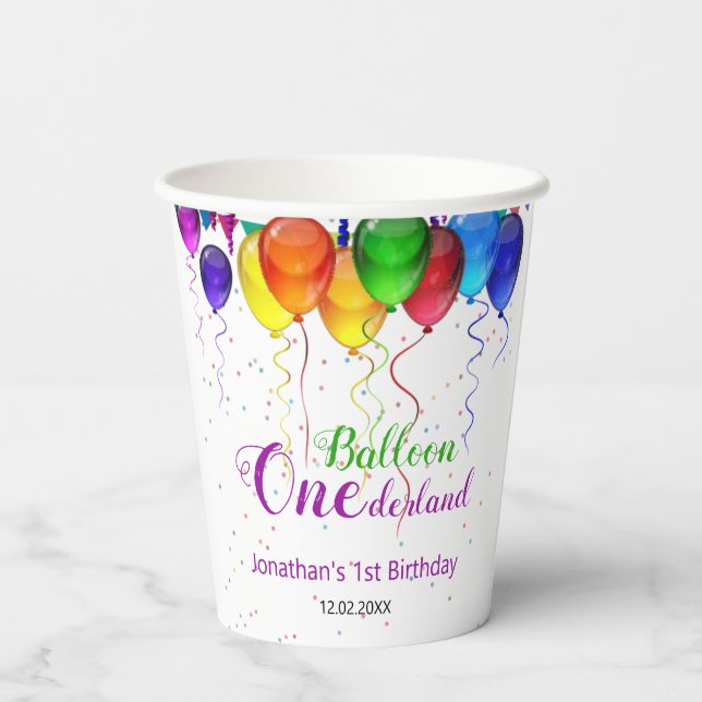 Vasos De Papel Fun Colorful Balloon Wonderland Primer cumpleaños (Reverso )