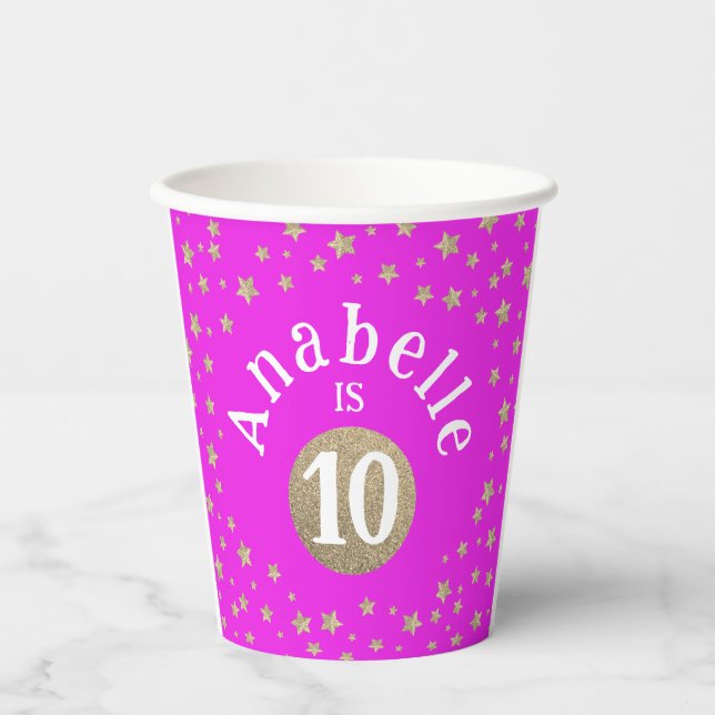 Vasos De Papel Fun Moderno Girly Rosa Purpurina de oro Estrellas  (Anverso)