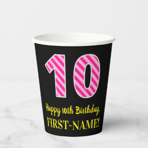 Vasos De Papel Fun Pink Stripes "10": Feliz décimo cumpleaños + n