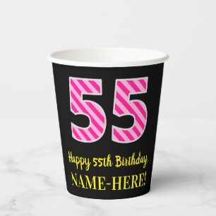 Vasos De Papel Fun Pink Stripes "55": Feliz cumpleaños 55 + nombr