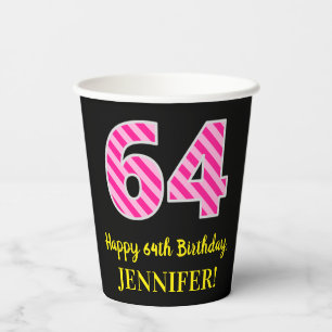 Vasos De Papel Fun Pink Stripes "64": Feliz cumpleaños número 64