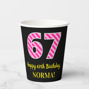 Vasos De Papel Fun Pink Stripes "67": Feliz cumpleaños número 67