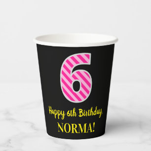 Vasos De Papel Fun Pink Stripes "6": Feliz sexto cumpleaños + Nom