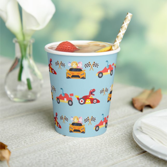 Vasos De Papel Funny Dinosaur racing car boy kids Birthday fiesta (in situ)