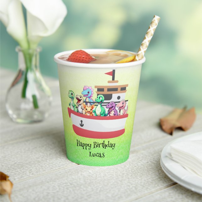 Vasos De Papel Funny dinosaur Yacht Birthday party DIY Name (in situ)