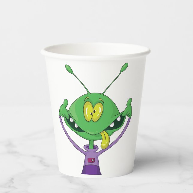 Vasos De Papel Funny Green Alien Making Silly Face (Anverso)