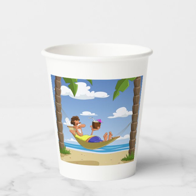 Vasos De Papel Funny Man Relaxing in Beach Hammock (Anverso)