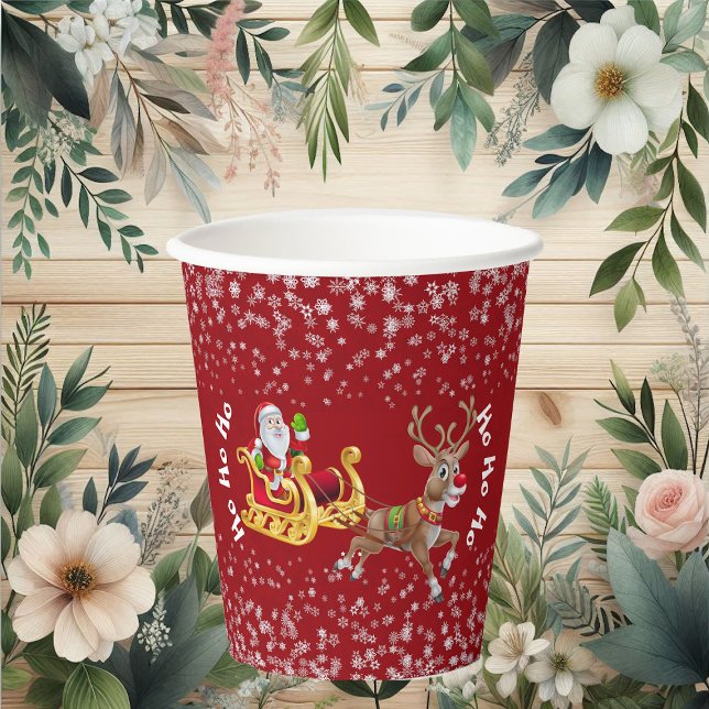 Vasos De Papel Funny Navidades Santa Reindeer Sleigh Ho-Ho-Ho Red (Funny Christmas Santa Reindeer Sleigh Ho-Ho-Ho Red Paper Cups)
