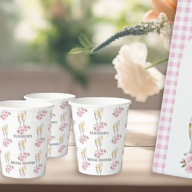 Vasos De Papel Gafas de champán y flores rosas (Champagne glasses paper cups from Cupcakes and Cava Bridal Shower Collection by Darling & May)