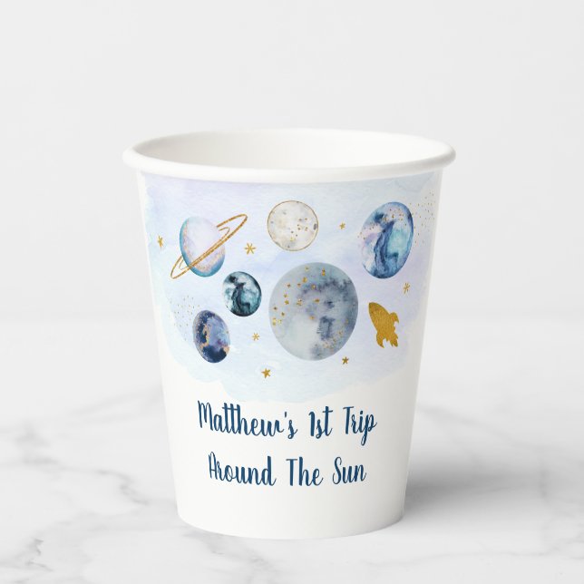 Vasos De Papel  Galaxy Planets Space Blue Gold Birday (Anverso)