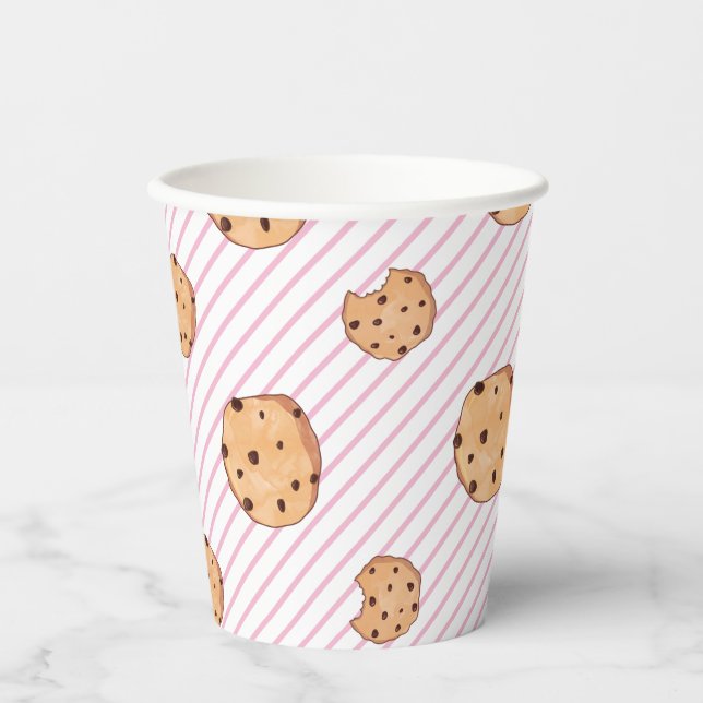 Vasos De Papel Galletas Rayas Rosadas Fiesta de Cumpleaños (Anverso)