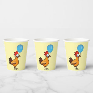 Vasos De Papel Gallo de Dibujos Animados Sosteniendo Globo Azul