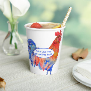 Vasos De Papel Gallo Rojo Pollo Bodas Acuarela Azul